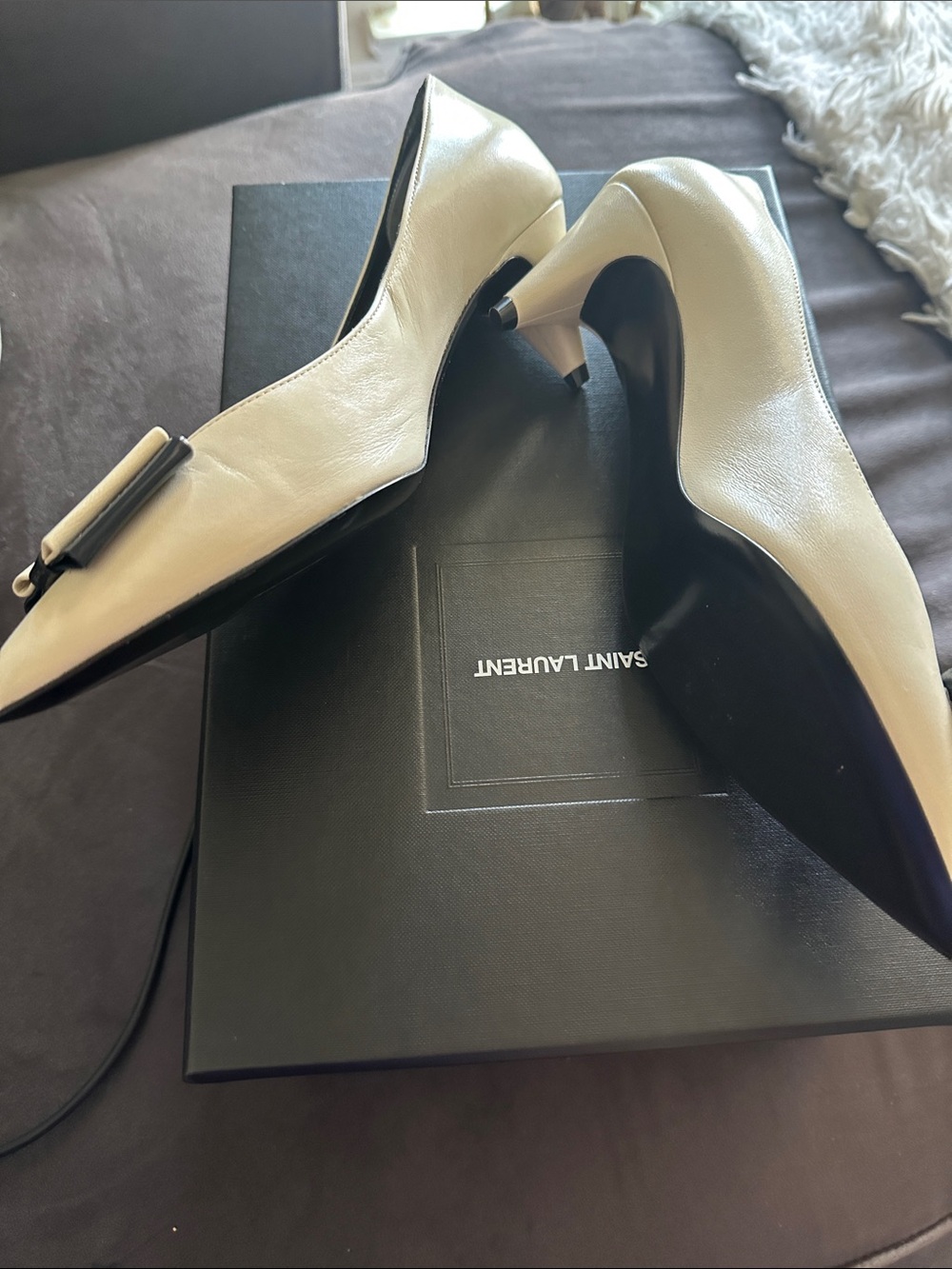 Saint Laurent Ivory and Black Pointed Toe Pumps with Bow - Picture 3 of 3